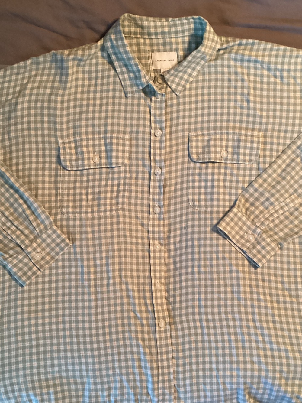 American Eagle Outfitters Light Green & White Gingham Button-Down Shirt Size L